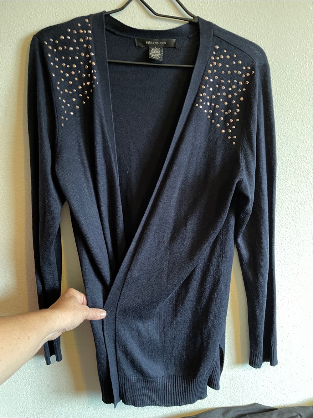 89th & Madison Navy Open-Front Cardigan with Gold Stud Accents-L